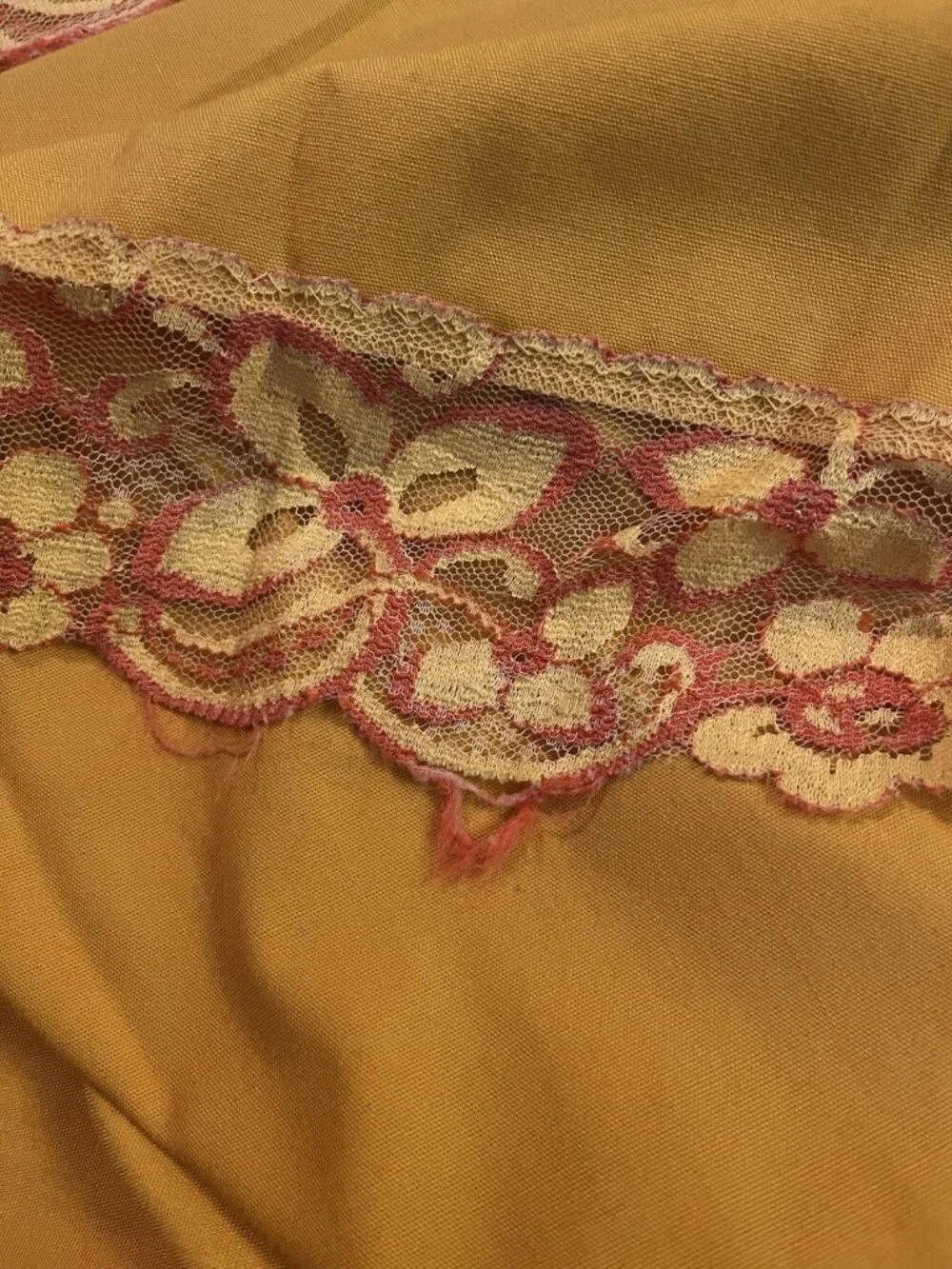 Vintage 70s Orange Mid Century Textile Panel Floral Lace Trim Retro Fabric MCM